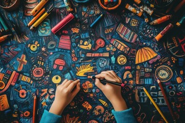 Poster - A creative workspace with colorful drawings and art supplies, showcasing artistic expression.
