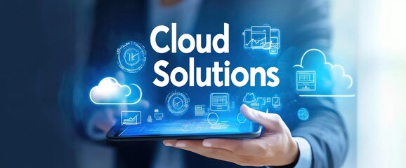 Aufkleber - A person holding a tablet with cloud solutions graphics and icons.