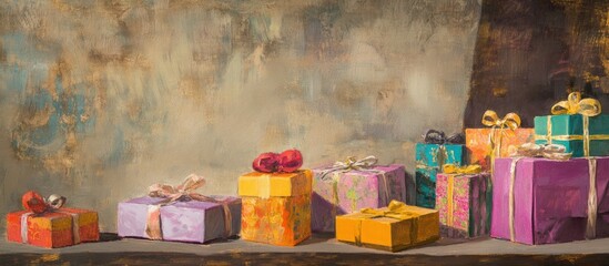 Wall Mural - Colorful assortment of small gift boxes arranged on a textured backdrop with a beautiful ribbon creating a festive atmosphere