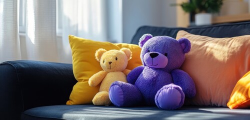 Wall Mural - In a bright children's room, a black sofa is decorated with colorful pillows, with a purple bear toy positioned between a yellow plush doll. 