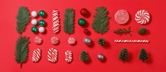 Wall Mural - Christmas celebration flat lay with spruce branches candy and ornaments on vibrant red background for festive holiday design concepts.