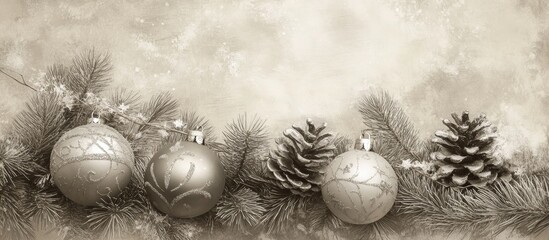 Sticker - Vintage holiday pine tree decorations with ornaments and pinecones in a classic sepia tone backdrop for a festive atmosphere