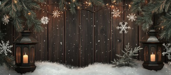 Wall Mural - Wooden backdrop adorned with festive lanterns snowflakes and tree branches for a cozy winter holiday season ambiance