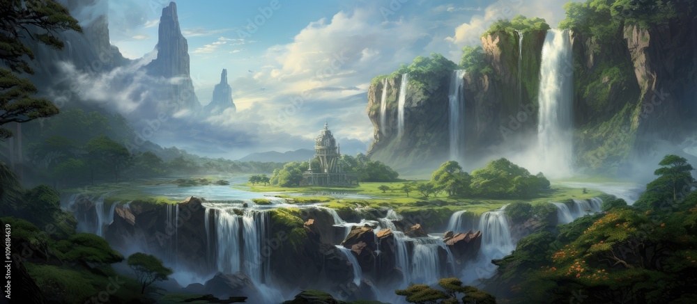 Majestic waterfalls cascading over cliffs in a lush green landscape ...