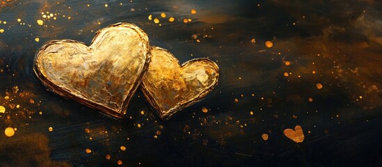 Wall Mural - Golden hearts on a dark background with a touch of sparkle and artistic flair, symbolizing love and affection in a creative way.