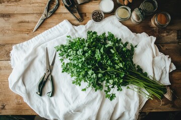 Wall Mural - Fresh cilantro on a cloth with scissors and jars, suggesting cooking or preparation.