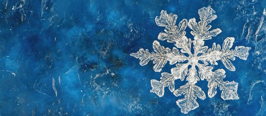 Wall Mural - macro shot of a delicate snowflake on a vivid blue background showcasing intricate details of winter
