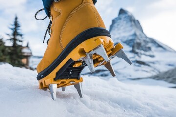 Wall Mural - Hiker walking on snow with crampons on boots near matterhorn mountain