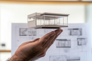 Poster - A hand holds a miniature architectural model above blueprints, showcasing design and planning.