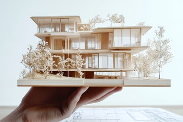 Poster - A hand holds a detailed architectural model of a modern multi-story building with greenery.