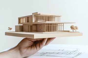Poster - A hand holds a wooden architectural model of a modern house above design blueprints.