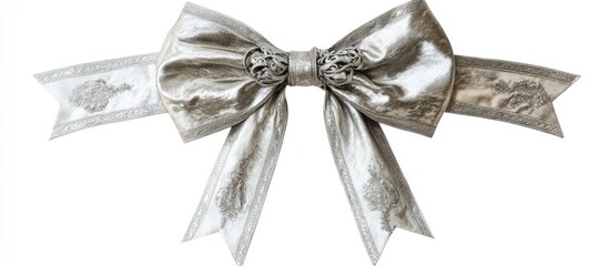 Wall Mural - Elegant silver bow with intricate ribbons displayed on a clean white background for stylish decoration or gift presentation.