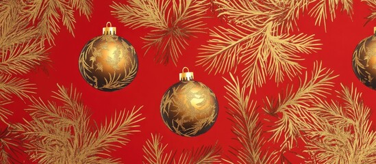 Wall Mural - Artistic seamless pattern of golden Christmas tree ornaments surrounded by festive pine branches on a vibrant red background