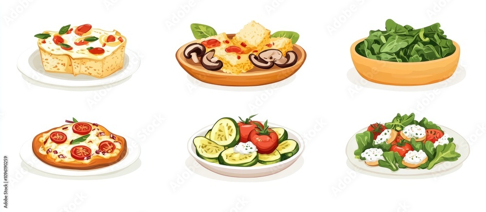 Diverse Array of Gourmet Dishes Featuring Baked Mushrooms Caesar Salad Caprese Bread and Colorful Vegetable Platters