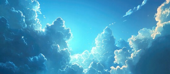 Wall Mural - Majestic cumulus clouds illuminated by sunlight against a vibrant blue sky creating a serene atmosphere in a natural landscape.