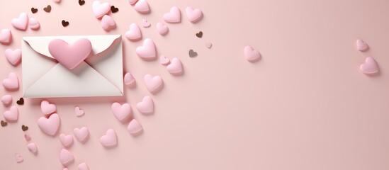 Sticker - Romantic flat lay of heart decorations an open envelope and balloon on a soft pink background perfect for Valentine's Day or love themed events