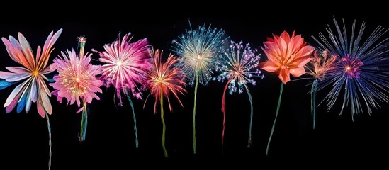 Wall Mural - Colorful abstract fireworks display resembling flowers on a black background creating a festive and vibrant atmosphere.