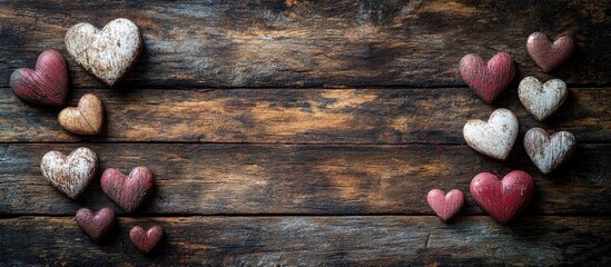 Sticker - Rustic wooden background with red and white hearts arranged artistically for a romantic holiday postcard or love-themed decoration.