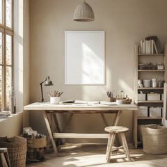 Aufkleber - A minimalist workspace with a wooden desk, natural light, and organized supplies.