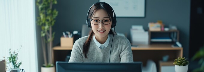 Aufkleber - A smiling woman wearing headphones at a desk, engaged in a virtual meeting.