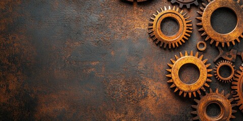 Leinwandbilder - Rusty gears creating a frame on a metallic background