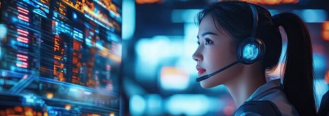 Poster - A woman in a headset monitors digital data on a screen, highlighting technology use.