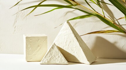 Aufkleber - Three geometric white shapes on a surface with a green plant in the background.