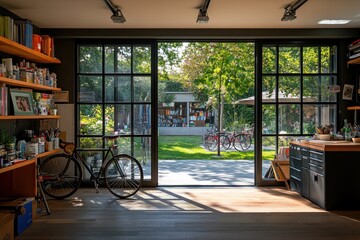 Aufkleber - A bright workspace with large windows overlooking a green garden and bicycles.