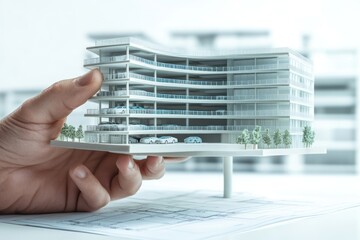 Poster - A hand holds a model of a modern multi-story building with cars and greenery.