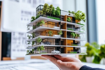 Poster - A hand holds a detailed architectural model of a modern building with greenery.