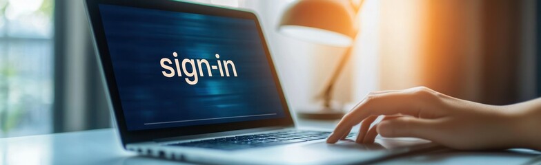 Poster - A hand hovering over a laptop displaying a sign-in screen, suggesting digital access.