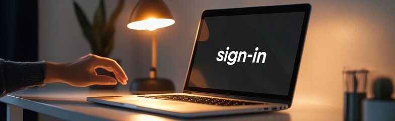 Poster - A hand reaching towards a laptop screen displaying a sign-in prompt in a cozy setting.