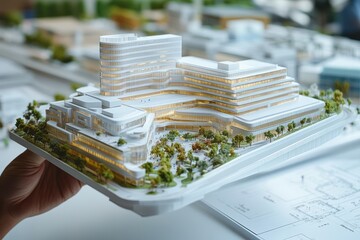 Poster - A detailed architectural model of a modern building complex with greenery and pathways.