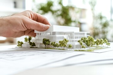Poster - A hand adjusts a white architectural model surrounded by greenery and blueprints.