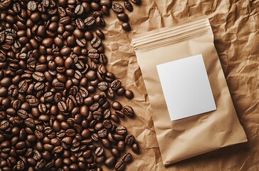 Brown Paper Bag with Coffee Beans and Blank Label