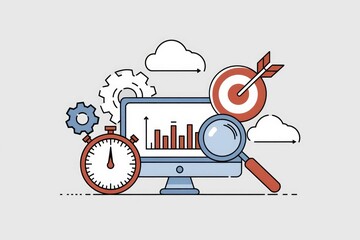 Leinwandbilder - Illustration of online business growth with target  timer  magnifying glass  and data.