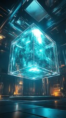 Aufkleber - A glowing, transparent cube suspended in a futuristic, high-tech environment.