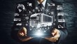 © muhammad yaseen - Transport logistics concept with handwritten white truck on abstract dark wallpaper and man hands with digital tablet.