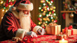 © vladnikon - Santa Claus examines presents in a cozy holiday setting by a beautifully decorated Christmas tree in a warm glow
