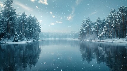 Wall Mural - A winter backdrop with snow-covered trees, frozen lakes and gentle snowfall, creates a winter wonderland of peace and tranquility.