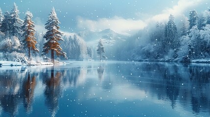 Wall Mural - A winter backdrop with snow-covered trees, frozen lakes and gentle snowfall, creates a winter wonderland of peace and tranquility.