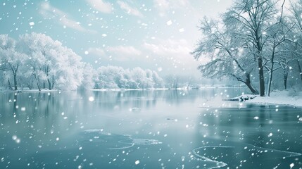 Wall Mural - A winter backdrop with snow-covered trees, frozen lakes and gentle snowfall, creates a winter wonderland of peace and tranquility.