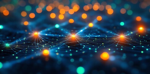 Poster - Abstract digital representation of interconnected nodes and glowing particles.