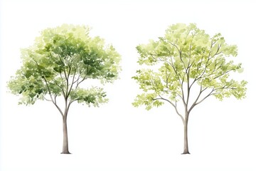 Set of watercolor green trees isolated on a white background, ideal for landscape and architectural drawings, environmental elements, gardens, and botanical spring sections