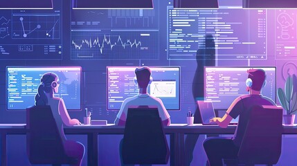 Teams of developers work on AI algorithms, with complex code across multiple screens, digital whiteboards full of notes, and a collaborative atmosphere.