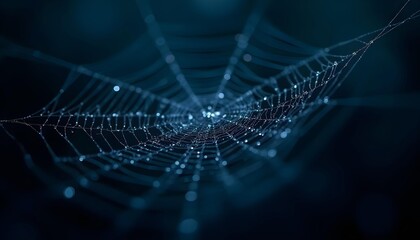 A close-up view of a spider web covered in water droplets