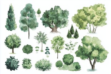 Various green trees, bushes and shrubs, top view for landscape design plan. Vector watercolor illustration, isolated on white background.