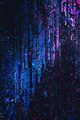 Wall Mural - close up vertical illustration of glowing pink and blue pixels stream lines over a dark background