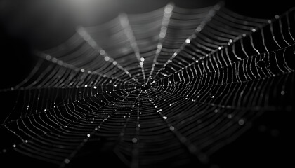 A close-up view of a spider web covered in water droplets