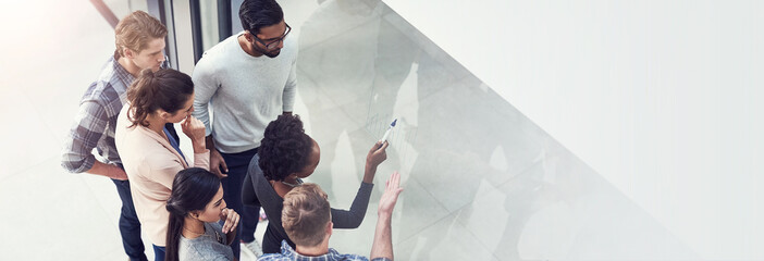 Poster - Office, glass wall and business people with graphs for planning, market trends and project performance. Mockup space, employees and team analyst with marker for training, workshop and review insights